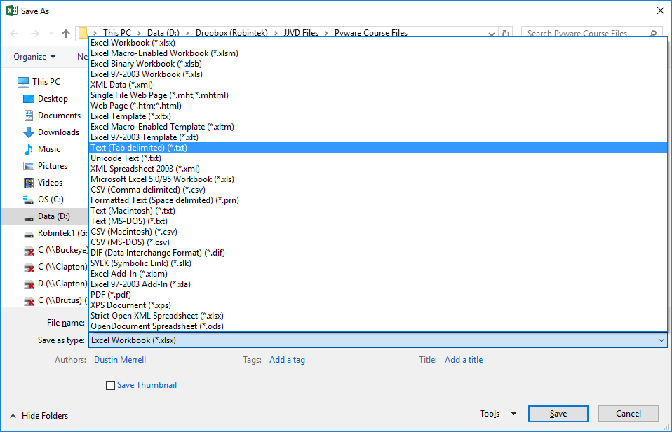 Save as dialogue for excel