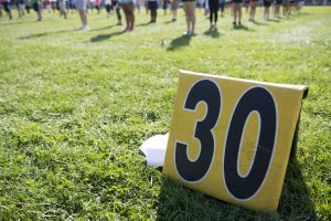 Yard marker with drill in background